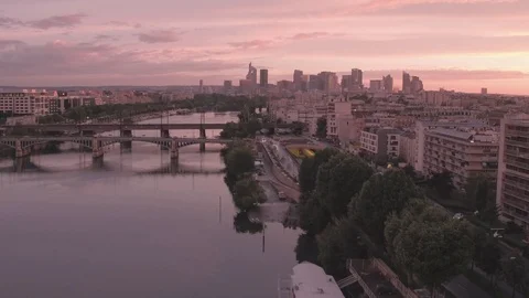 Epic pink sunset over La Défense, Paris, France 4K Stock Footage 99938217