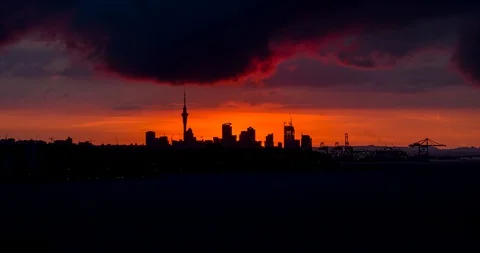 Epic Red Colours - Auckland Skyline Sunset, New Zealand Stock Footage