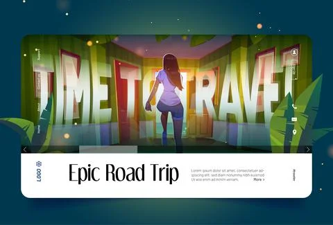 Epic road trip cartoon landing page, woman escape Stock Illustration
