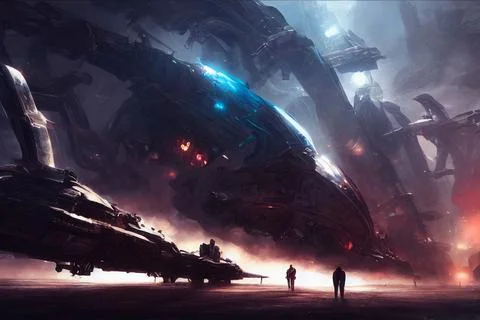 Epic scene of massive scifi machines in strange world, digital illustration Stock Illustration
