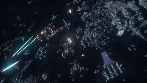 Epic Sci-Fi Mid Shot of Spaceships in Battle Stock Footage 308929237