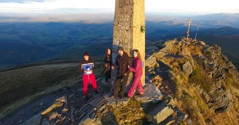 Epic selphy people in mountains for a drone. 4r air view Stock Footage 87712838