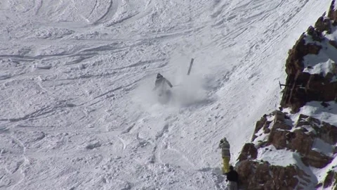 Epic Ski Crash on Rocks and Flips Over in Colorado Video stock 227070599
