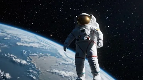 Epic Space Exploration: Astronaut Floating Above Blue Earth Stock Footage 313246329