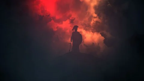 Epic Spartan Soldier Under a Lightning Storm Stock Footage 115919038