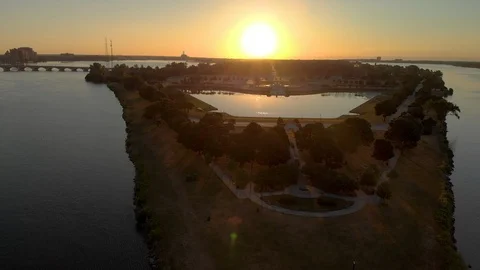 Epic Sunrise Aerial Pullback Shot Belle Isle Stock Footage 100278753