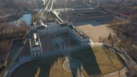Epic Sunrise Drone view of the Royal Palace and gardens of Aranjuez, Spain 4K Stock Footage 288094718