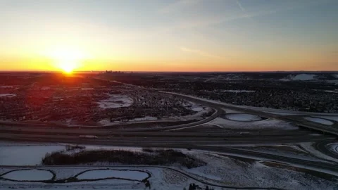 Epic Sunrise Over Calgary Skyline – Aerial Cityscape Pan (winter, no clouds) Stock Footage 317655717