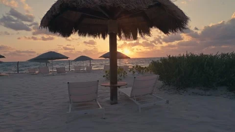 Epic Sunrise over the ocean beach on the coast of Mexico Palapas Palm Trees Vídeos de archivo 280704322