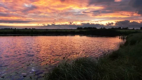 Epic sunset Colored Clouds And Reflection On Water Ripples With water lily Stock Footage 77533052
