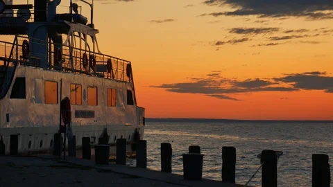 Epic sunset Golden Way on side way of lake Balaton / HU water &amp; ship Stock Footage 116094736