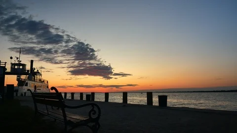 Epic sunset Golden Way on side way of lake Balaton / HU water &amp; ship 스톡 동영상 116095908