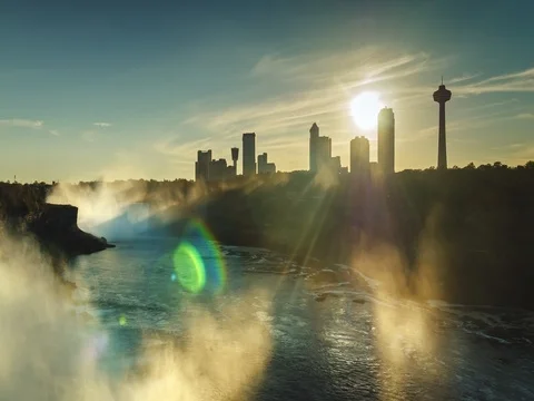 Epic sunset in the Niagara River. The rays of the setting sun shining through Stock Footage 69741339