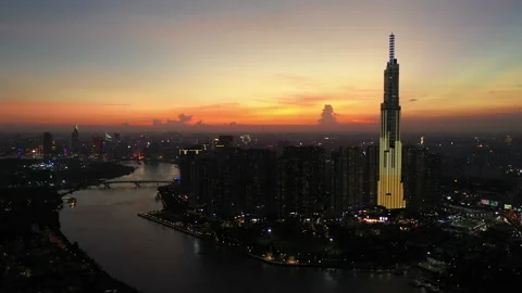 Epic sunset over Ho Chi Minh City, Vietnam aerial shot Stock Footage 154956438