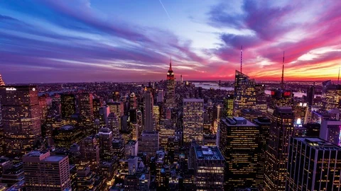 Epic sunset over Manhattan and the Empire State building day to night time lapse Stock Footage 119142519