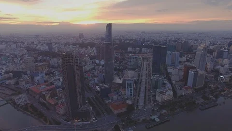Epic sunset sky above Ho Chi Minh City downtown aerial shot Stockbeeldmateriaal 119013459
