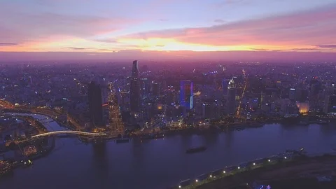 Epic sunset sky above Ho Chi Minh City downtown aerial shot Stockbeeldmateriaal 119014570