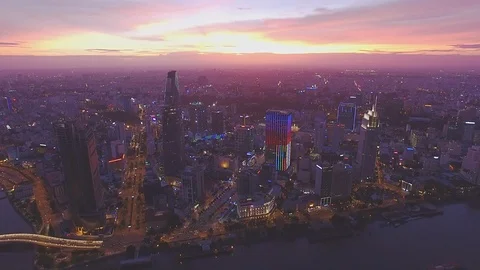 Epic sunset sky above Ho Chi Minh City downtown aerial shot Stockbeeldmateriaal 119014664