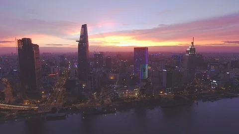 Epic sunset sky above Ho Chi Minh City downtown aerial shot Stockbeeldmateriaal 119014972