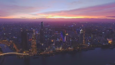 Epic sunset sky above Ho Chi Minh City downtown aerial shot Stockbeeldmateriaal 119014992