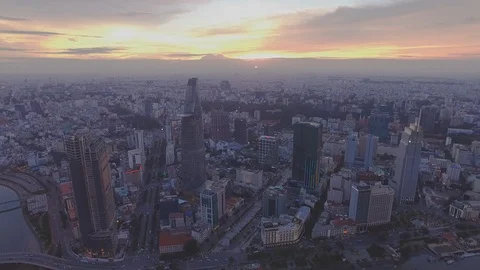 Epic sunset sky above Ho Chi Minh City downtown aerial shot Stockbeeldmateriaal 119015267