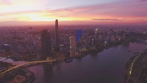 Epic sunset sky above Ho Chi Minh City downtown aerial shot Stockbeeldmateriaal 119015495