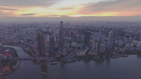 Epic sunset sky above Ho Chi Minh City downtown aerial shot Stockbeeldmateriaal 119015713