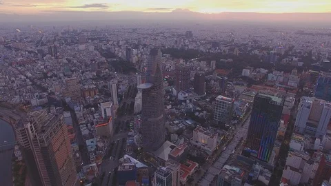 Epic sunset sky above Ho Chi Minh City downtown aerial shot Stockbeeldmateriaal 119016174