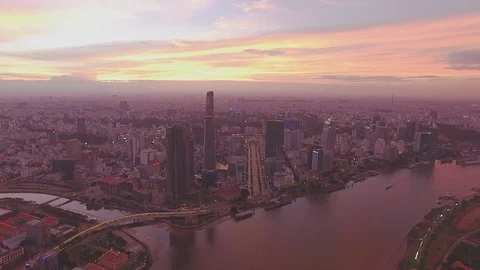 Epic sunset sky above Ho Chi Minh City downtown aerial shot Stockbeeldmateriaal 119016287