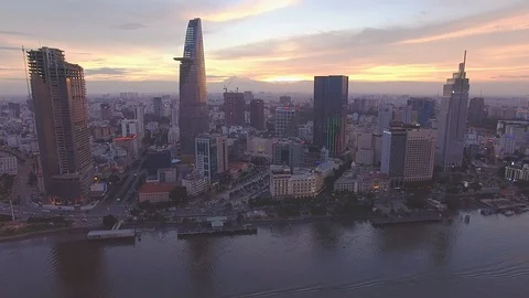 Epic sunset sky above Ho Chi Minh City downtown aerial shot Stockbeeldmateriaal 119016331