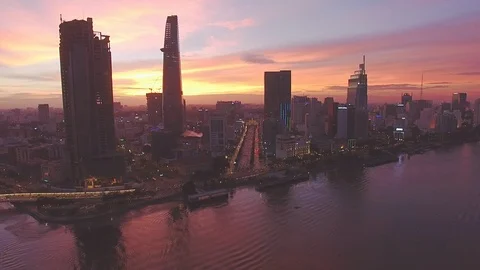 Epic sunset sky above Ho Chi Minh City downtown aerial shot Stockbeeldmateriaal 119016498