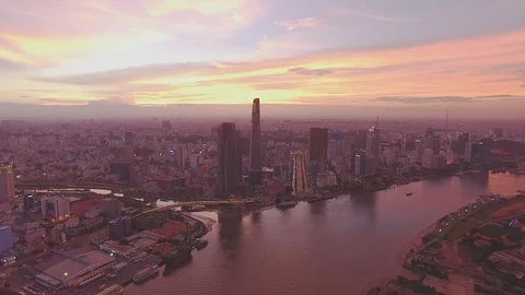 Epic sunset sky above Ho Chi Minh City downtown aerial shot Stockbeeldmateriaal 119016593