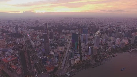 Epic sunset sky above Ho Chi Minh City downtown aerial shot Stockbeeldmateriaal 119017691
