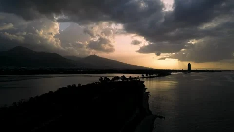 Epic Sunset with Sunbeams and Seagull Over Izmir Lagoon Stock Footage 325792382