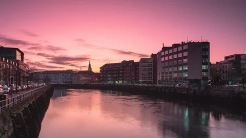 Epic sunset timelapse of Cork city, Ireland with river lee reflection Stock Footage 120905744