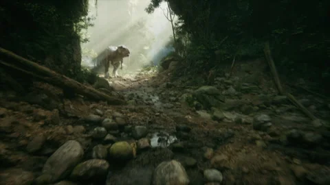 Epic T-Rex journey through a dense prehistoric forest Video stock 295176933