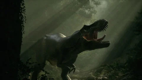 Epic T-Rex roar in a prehistoric jungle setting Stock Footage 295173170