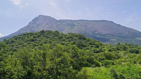 An epic view of a huge rocky mountain amidst lush forest, seen from a movin.. Stock Footage 313381292