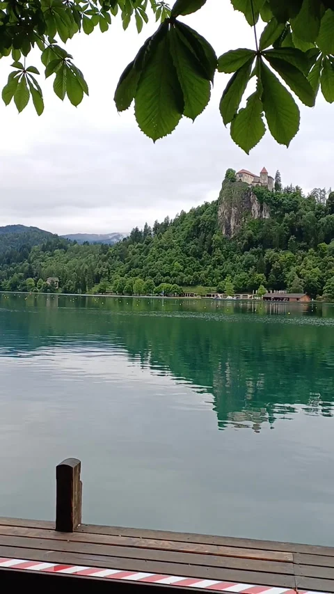 Epic view of lake with lush greenery and cloudy weather Stock Footage 282088479