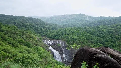 Epic view of lush forested mountains and Mallalli Waterfalls in Karnatakas .. Stockbeeldmateriaal 332354472