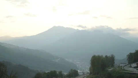 Epic view of Mist Sunset Beautiful Summer Mountain Sunset Orange Colors Stock Footage 116672754