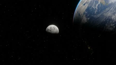 Epic view of Moon flying in space on Earth orbit over stars background Stock Footage 146168538
