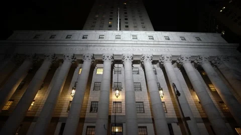 Epic View of New York Courthouse at Night, illuminated front of Building in NYC. Stock Footage