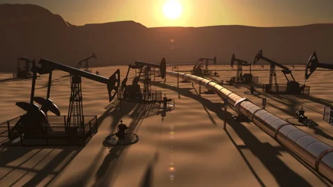 Epic view of oil field with pumpjacks and pipeline Stock Footage 88400337