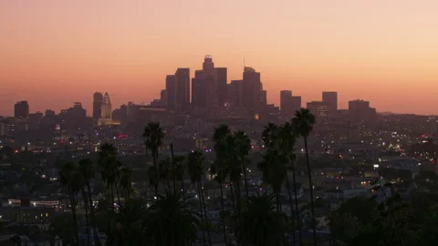 Epic view sunset skyline Los Angeles city USA, Cityscape skyline Colorful sunset Stock-Footage 216983004