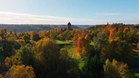 Epic View of Turaida Castle Above Autumn Park in Sigulda Latvia Landscape 스톡 동영상 336642836
