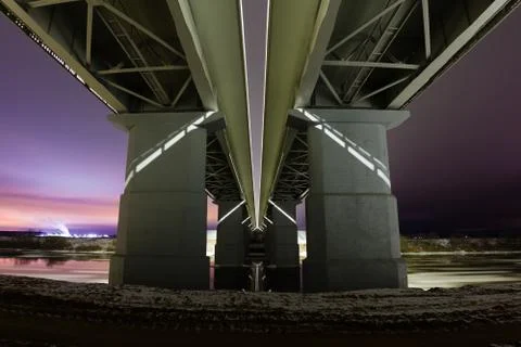 Epic view from under the bridge and night winter landscape Stock Photos