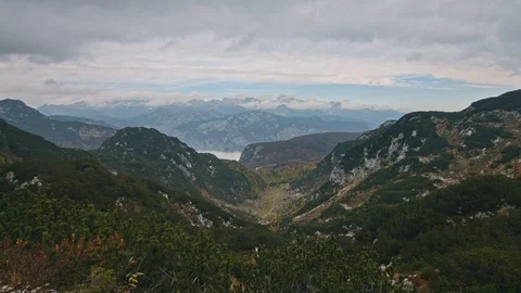 Epic view of valley in misty mountains range bakground from top. Stock Footage 119831511