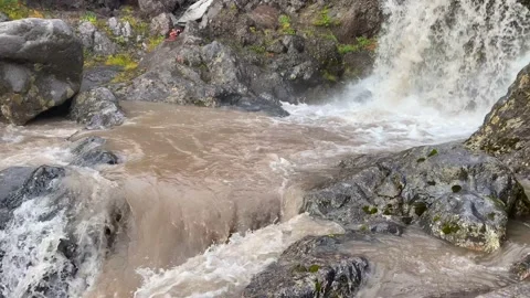 Epic views of the two-stage waterfall and mountain stream Stock Footage 140577255