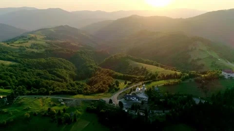 Epic wide-angle drone sunset panorama of terraced Stock Footage 326937009